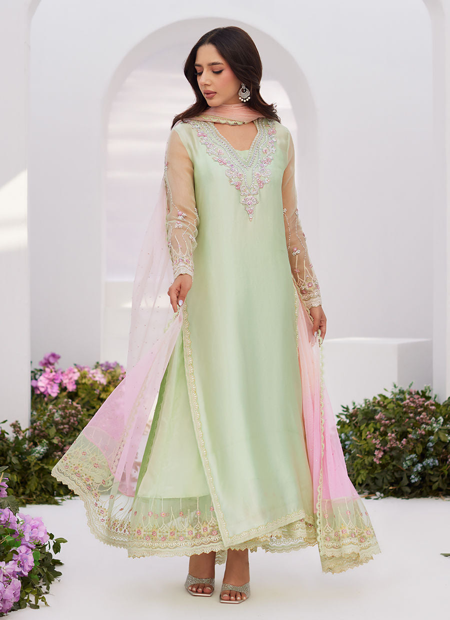 Farah Talib Aziz | Zaza Luxe Pret 24 | COLLETTE MINT OMBRE EMBELLISHED COLUMN SHIRT WITH KALIDAAR WITH EMBROIDERED SLIP - House Of Anaya