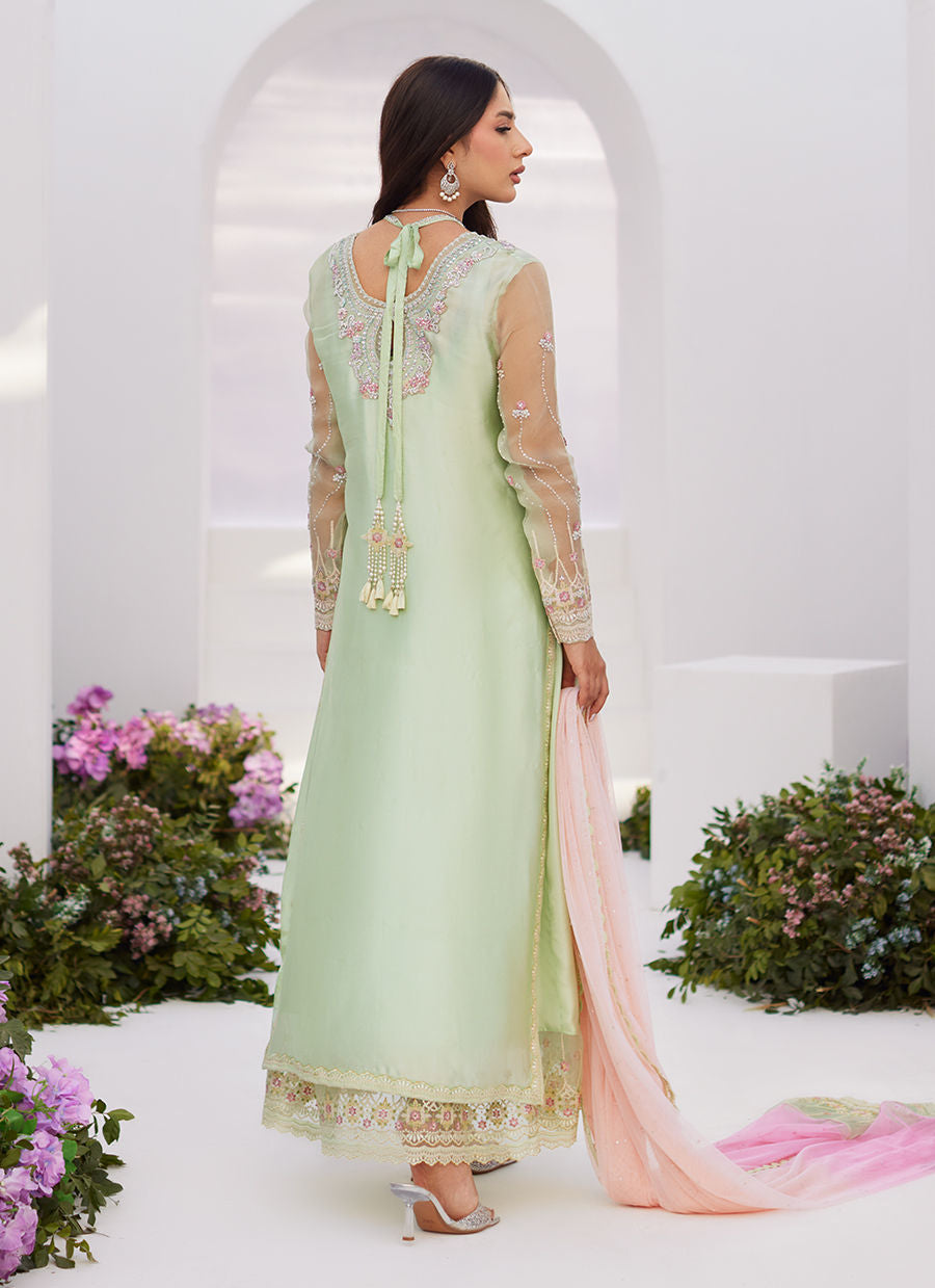 Farah Talib Aziz | Zaza Luxe Pret 24 | COLLETTE MINT OMBRE EMBELLISHED COLUMN SHIRT WITH KALIDAAR WITH EMBROIDERED SLIP - House Of Anaya