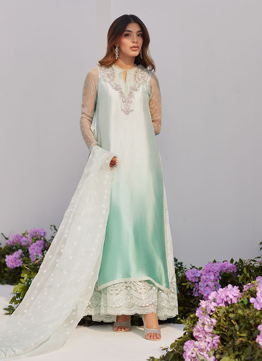 Farah Talib Aziz | Zaza Luxe Pret 24 | SOLENE AQUA OMBRE EMBELLISHED COLUMN SHIRT WITH EMBROIDERED KALIDAAR SLIP - House Of Anaya