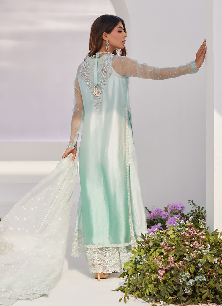 Farah Talib Aziz | Zaza Luxe Pret 24 | SOLENE AQUA OMBRE EMBELLISHED COLUMN SHIRT WITH EMBROIDERED KALIDAAR SLIP - House Of Anaya