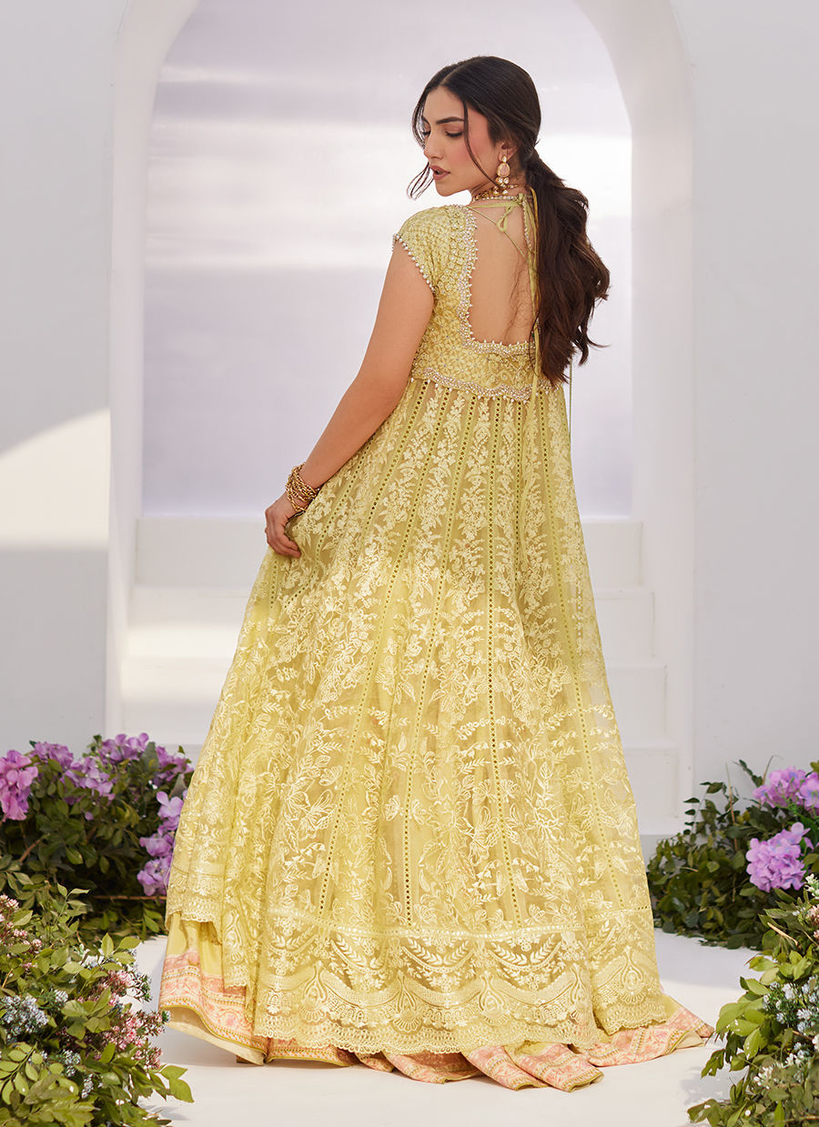 Farah Talib Aziz | Zaza Luxe Pret 24 | REINE KIWI EMBROIDERED EMBELLISHED KALIDAAR - House Of Anaya