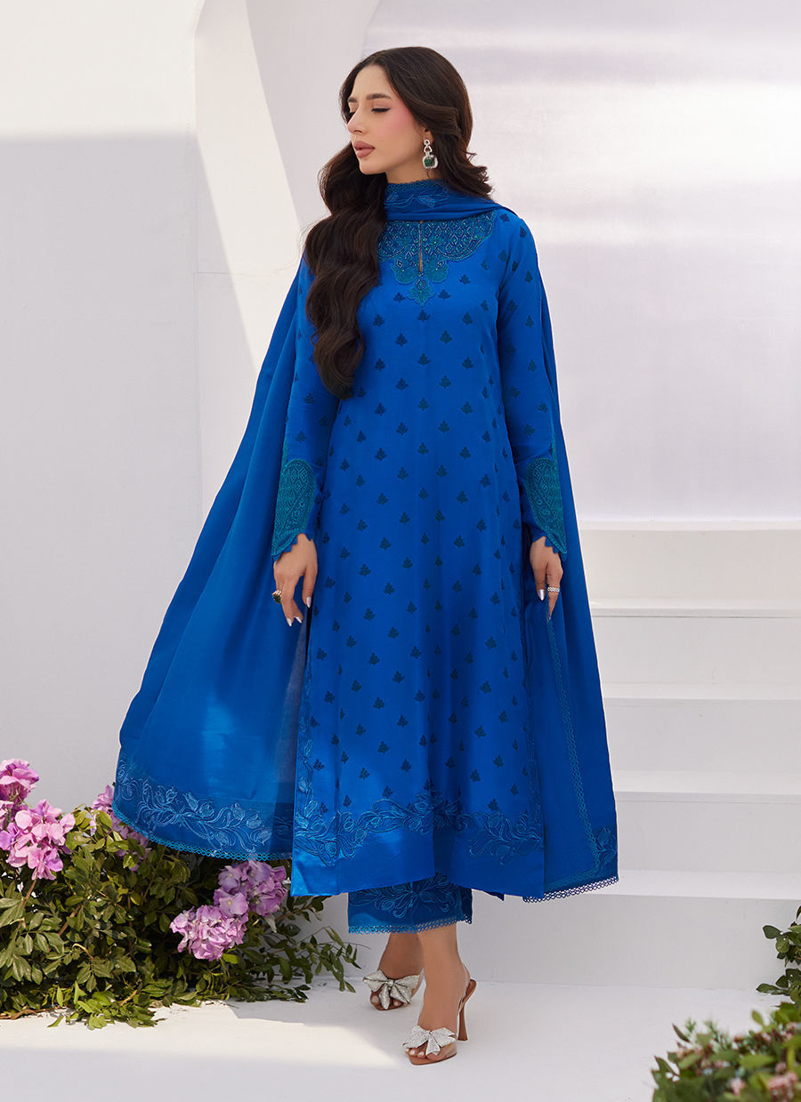 Farah Talib Aziz | Zaza Luxe Pret 24 | CHARR BLUE EMBROIDERED RAW SILK SHIRT AND DUPATTA - House Of Anaya