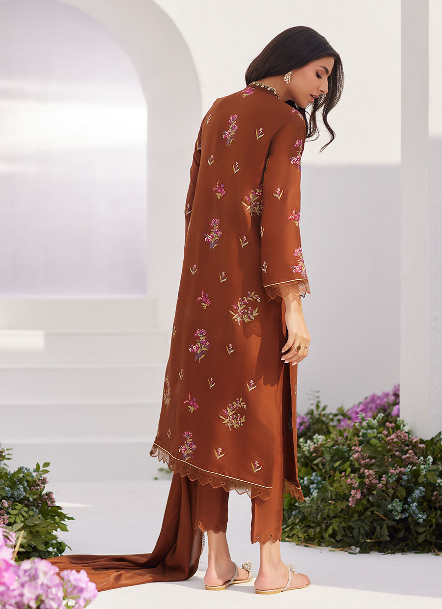 Farah Talib Aziz | Zaza Luxe Pret 24 | NOEMIE CHOCOLATE EMBROIDERED RAW SILK SHIRT AND DUPATTA - House Of Anaya