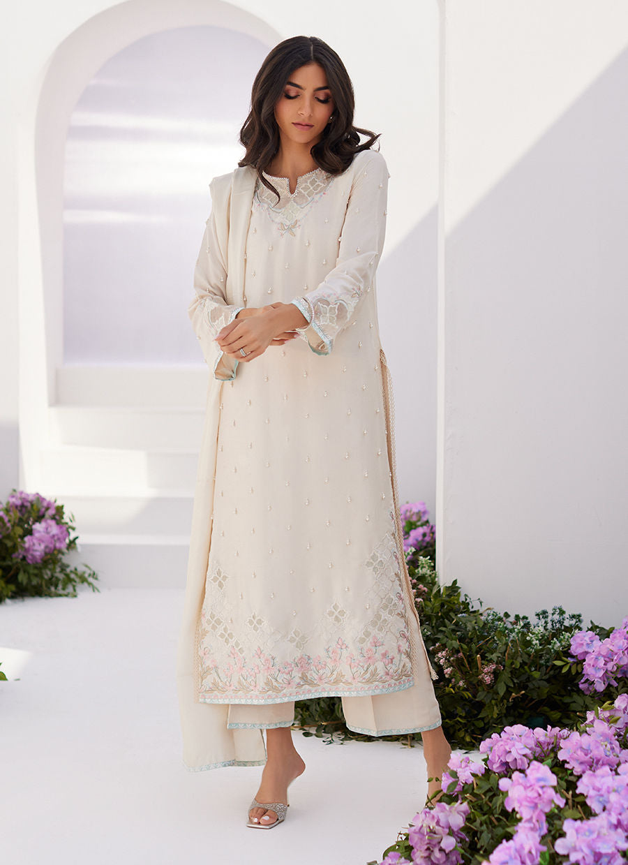 Farah Talib Aziz | Zaza Luxe Pret 24 | LYA IVORY EMBELLISHED RAW SILK SHIRT AND DUPATTA - House Of Anaya