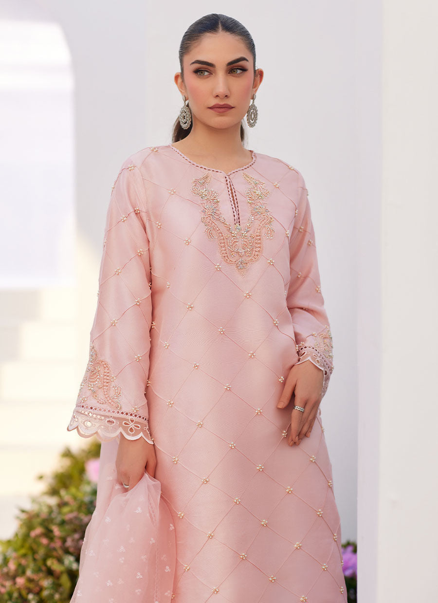 Farah Talib Aziz | Zaza Luxe Pret 24 | BEBE BLUSH PINK EMBELLISHED RAW SILK KURTA SHIRT AND DUPATTA - House Of Anaya