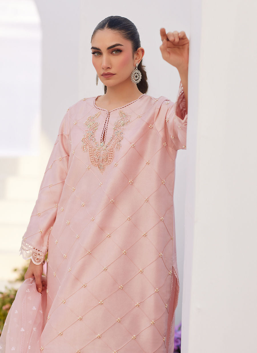 Farah Talib Aziz | Zaza Luxe Pret 24 | BEBE BLUSH PINK EMBELLISHED RAW SILK KURTA SHIRT AND DUPATTA - House Of Anaya