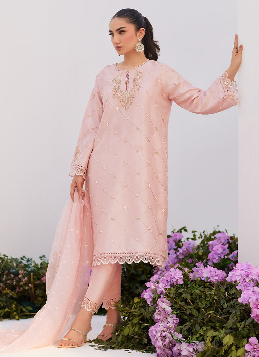 Farah Talib Aziz | Zaza Luxe Pret 24 | BEBE BLUSH PINK EMBELLISHED RAW SILK KURTA SHIRT AND DUPATTA - House Of Anaya