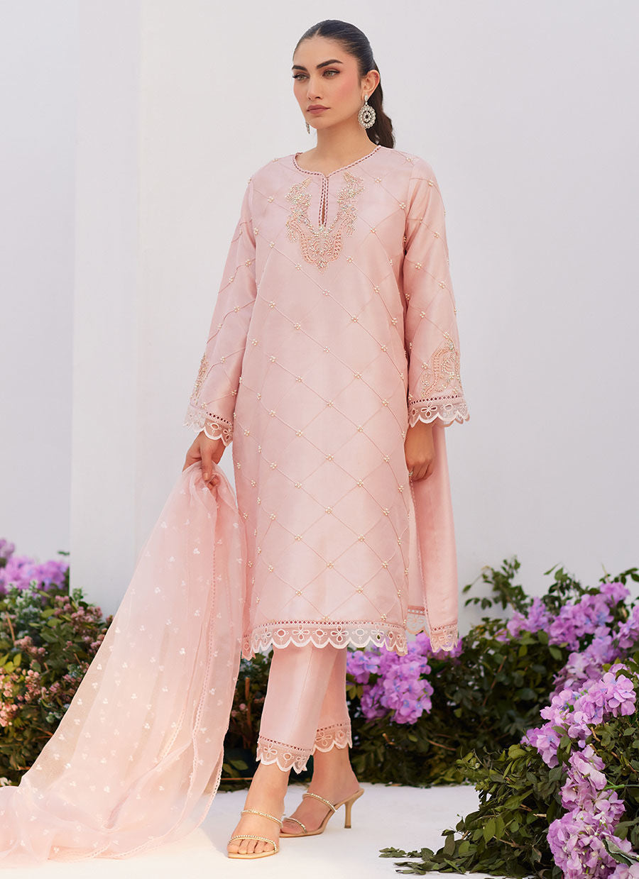 Farah Talib Aziz | Zaza Luxe Pret 24 | BEBE BLUSH PINK EMBELLISHED RAW SILK KURTA SHIRT AND DUPATTA - House Of Anaya