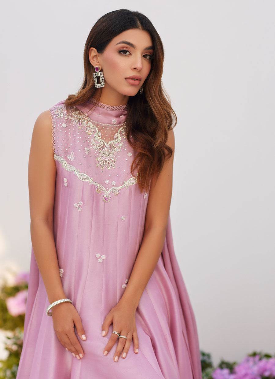 Farah Talib Aziz | Zaza Luxe Pret 24 | CECE MAUVE EMBELLISHED RAW SILK KALIDAR WITH CHARMUESE DUPATTA - House Of Anaya