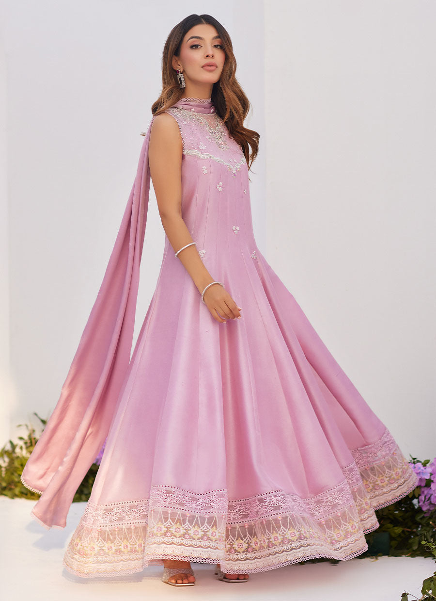 Farah Talib Aziz | Zaza Luxe Pret 24 | CECE MAUVE EMBELLISHED RAW SILK KALIDAR WITH CHARMUESE DUPATTA - House Of Anaya