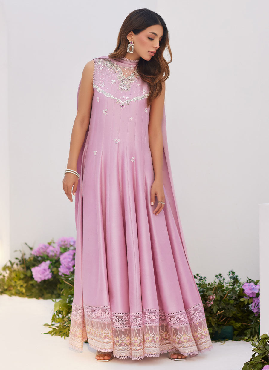 Farah Talib Aziz | Zaza Luxe Pret 24 | CECE MAUVE EMBELLISHED RAW SILK KALIDAR WITH CHARMUESE DUPATTA - House Of Anaya