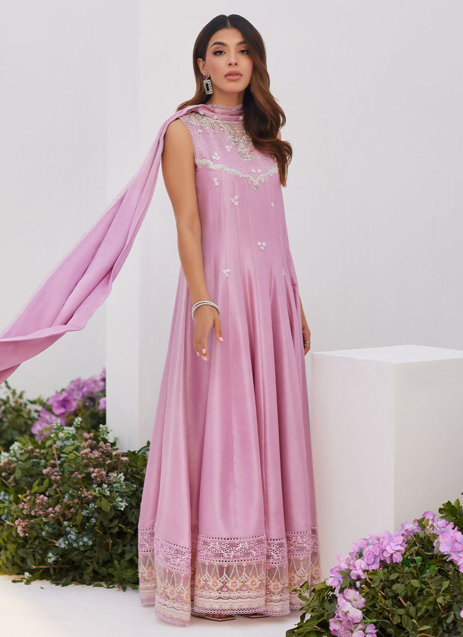 Farah Talib Aziz | Zaza Luxe Pret 24 | CECE MAUVE EMBELLISHED RAW SILK KALIDAR WITH CHARMUESE DUPATTA - House Of Anaya