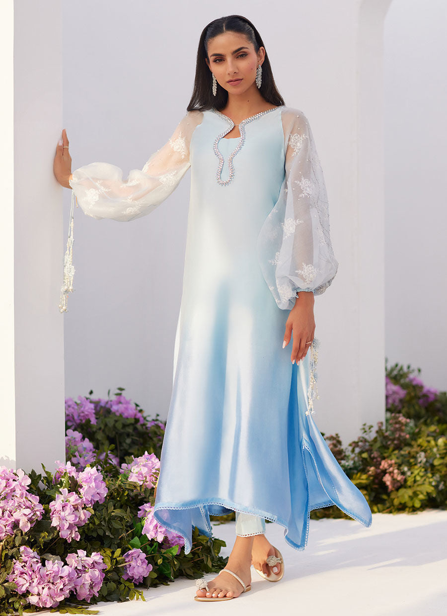 Farah Talib Aziz | Zaza Luxe Pret 24 | BOW OMBRE BLUE EMBELLISHED KAFTAN CUT SHIRT - House Of Anaya