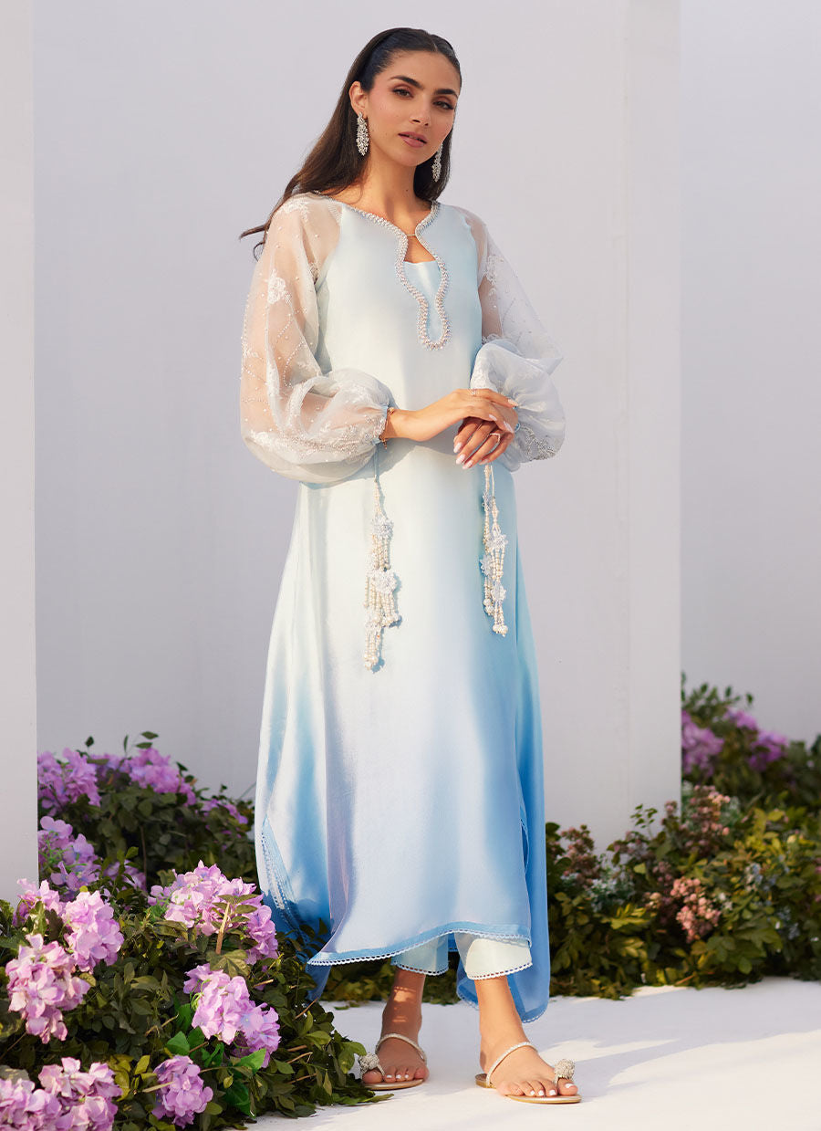 Farah Talib Aziz | Zaza Luxe Pret 24 | BOW OMBRE BLUE EMBELLISHED KAFTAN CUT SHIRT - House Of Anaya