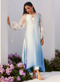 Farah Talib Aziz | Zaza Luxe Pret 24 | BOW OMBRE BLUE EMBELLISHED KAFTAN CUT SHIRT - House Of Anaya