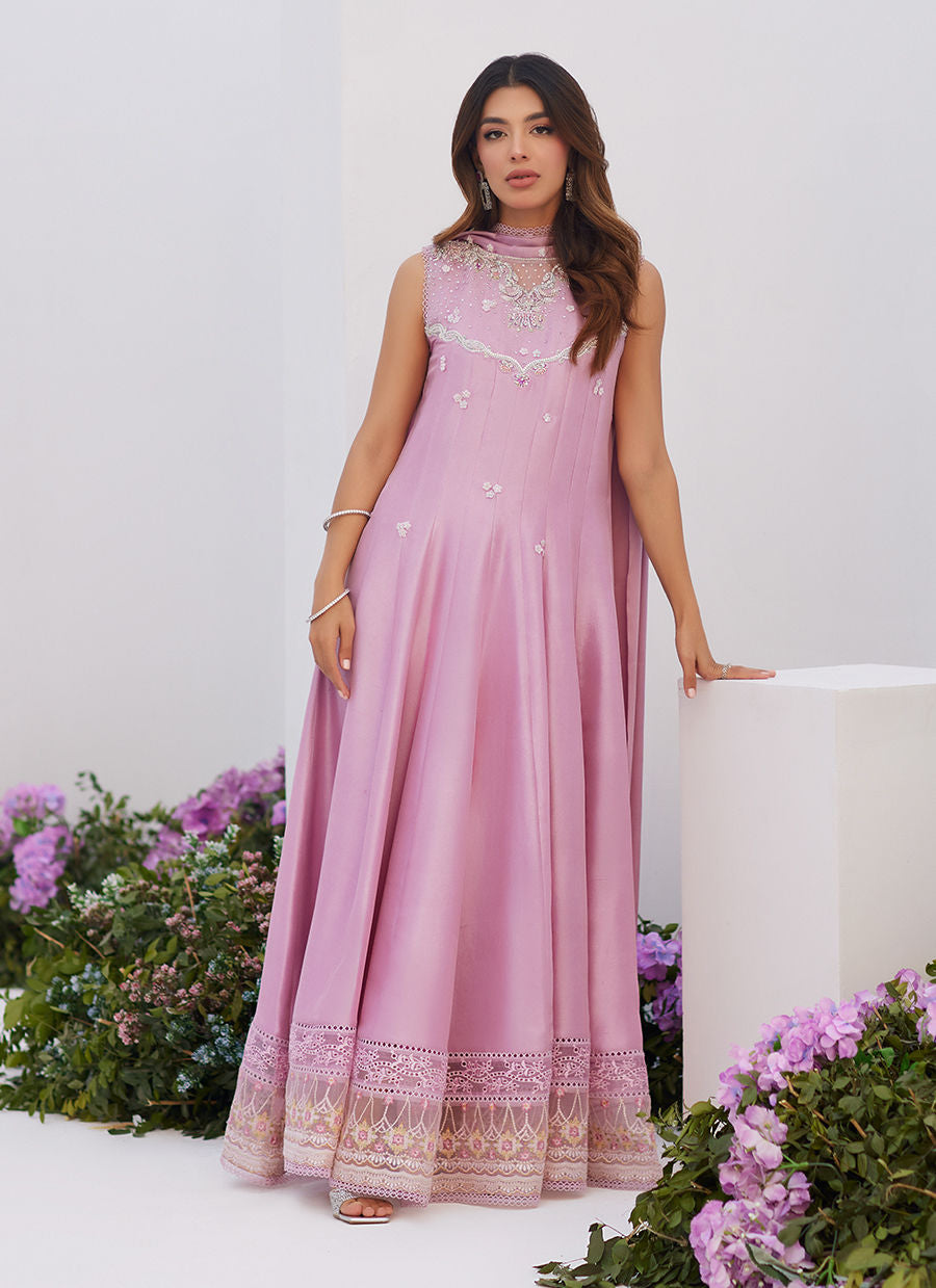 Farah Talib Aziz | Zaza Luxe Pret 24 | CECE MAUVE EMBELLISHED RAW SILK KALIDAR WITH CHARMUESE DUPATTA - House Of Anaya