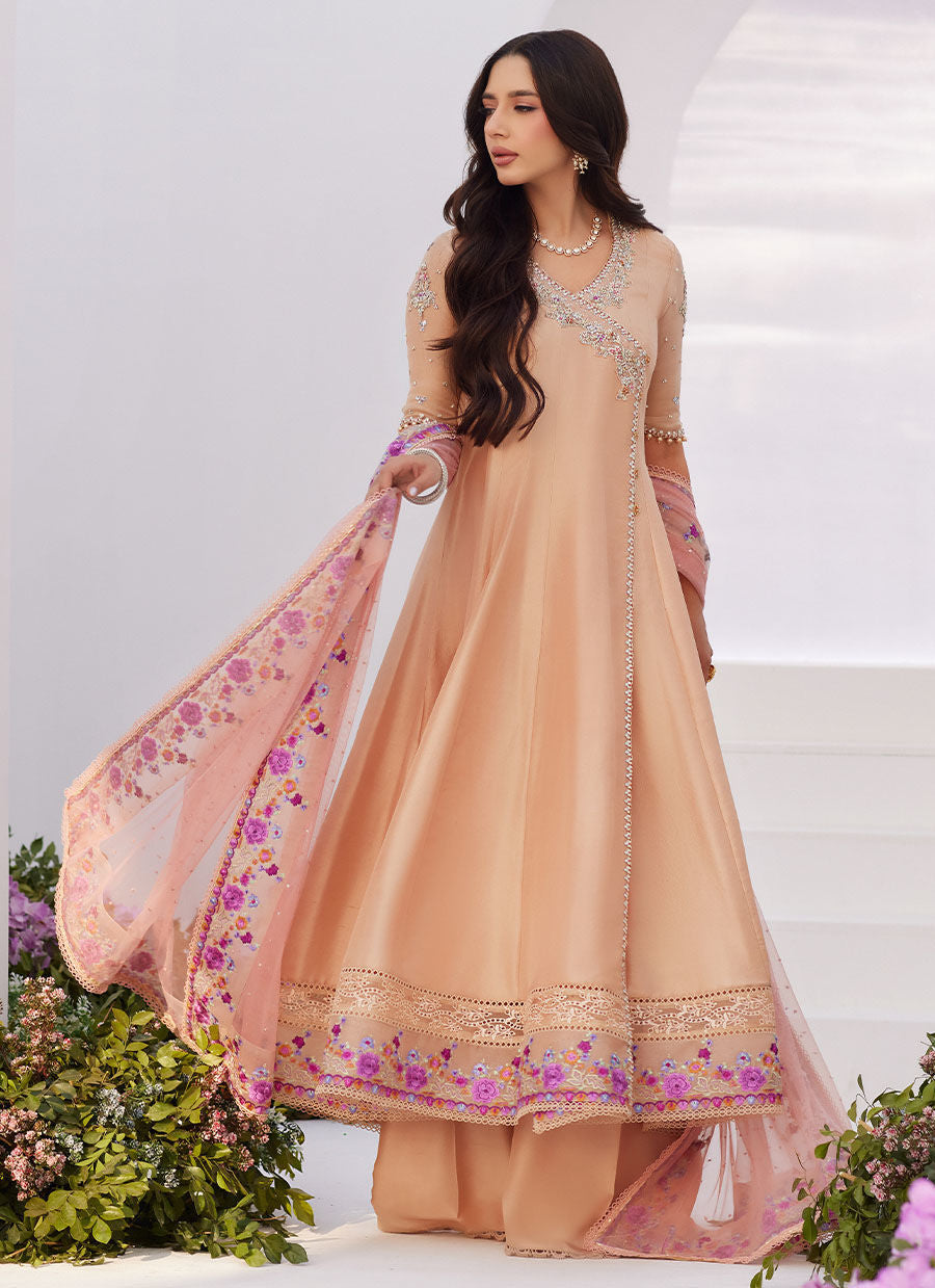 Farah Talib Aziz | Zaza Luxe Pret 24 | LISETTE FAWN EMBELLISHED RAW SILK ANGARKHA AND DUPATTA - House Of Anaya
