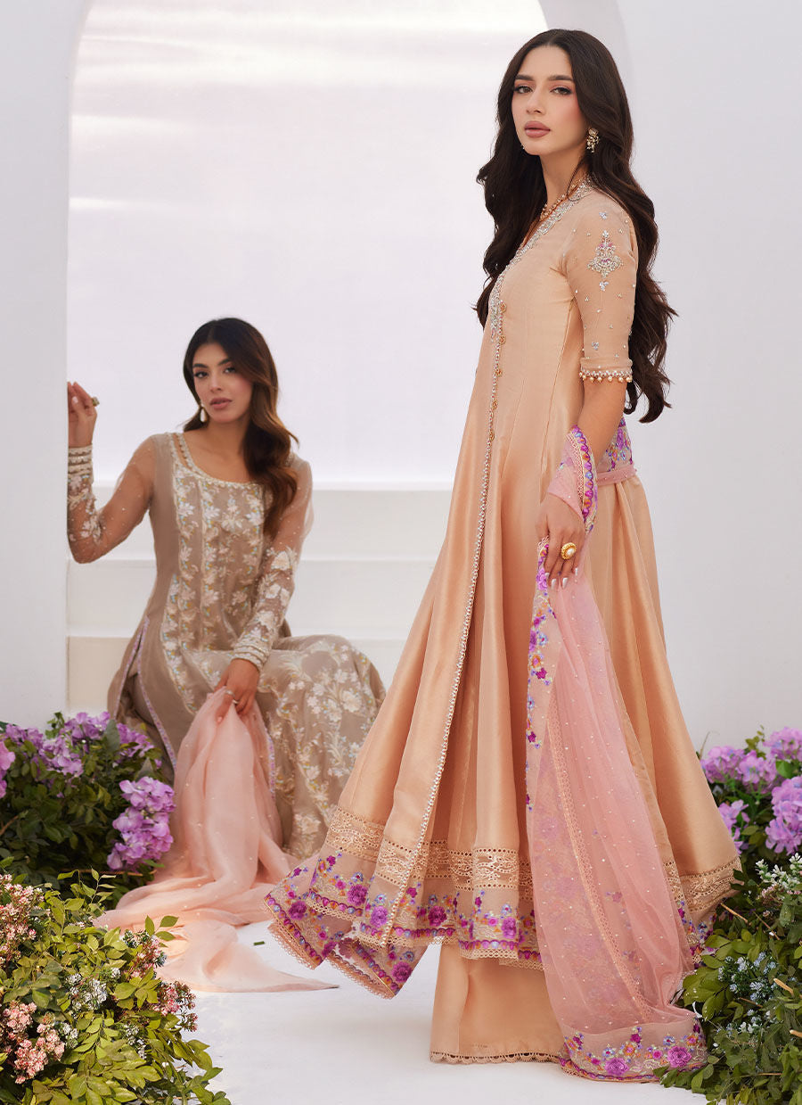 Farah Talib Aziz | Zaza Luxe Pret 24 | LISETTE FAWN EMBELLISHED RAW SILK ANGARKHA AND DUPATTA - House Of Anaya