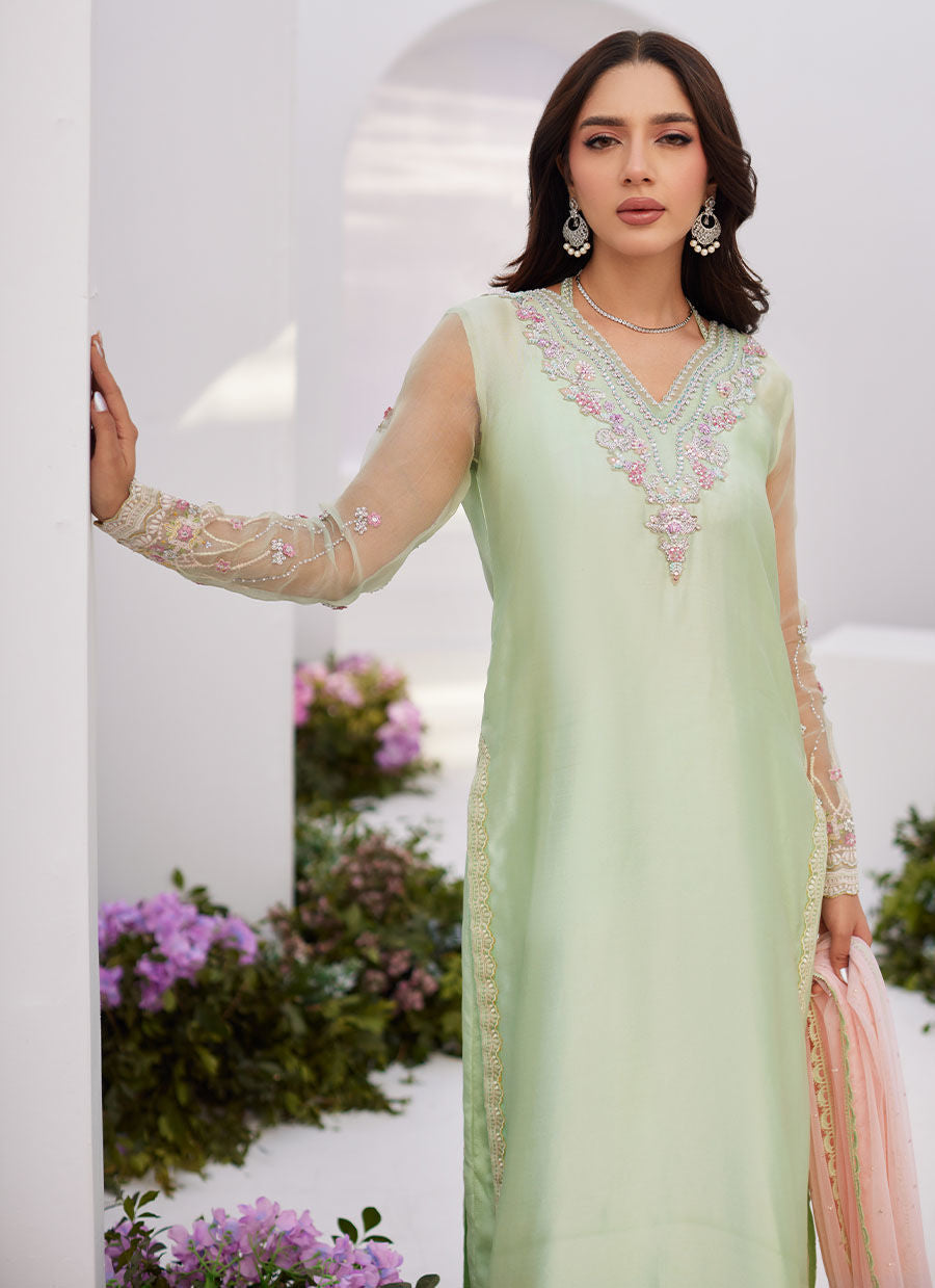 Farah Talib Aziz | Zaza Luxe Pret 24 | COLLETTE MINT OMBRE EMBELLISHED COLUMN SHIRT WITH KALIDAAR WITH EMBROIDERED SLIP - House Of Anaya