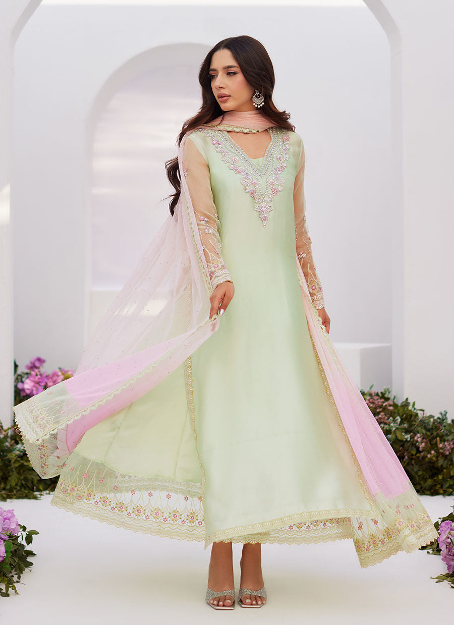 Farah Talib Aziz | Zaza Luxe Pret 24 | COLLETTE MINT OMBRE EMBELLISHED COLUMN SHIRT WITH KALIDAAR WITH EMBROIDERED SLIP - House Of Anaya