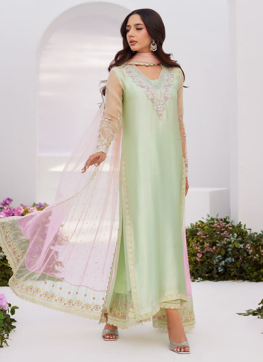 Farah Talib Aziz | Zaza Luxe Pret 24 | COLLETTE MINT OMBRE EMBELLISHED COLUMN SHIRT WITH KALIDAAR WITH EMBROIDERED SLIP - House Of Anaya