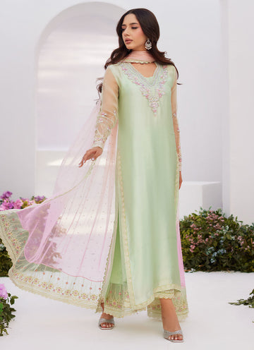 Farah Talib Aziz | Zaza Luxe Pret 24 | COLLETTE MINT OMBRE EMBELLISHED COLUMN SHIRT WITH KALIDAAR WITH EMBROIDERED SLIP - House Of Anaya