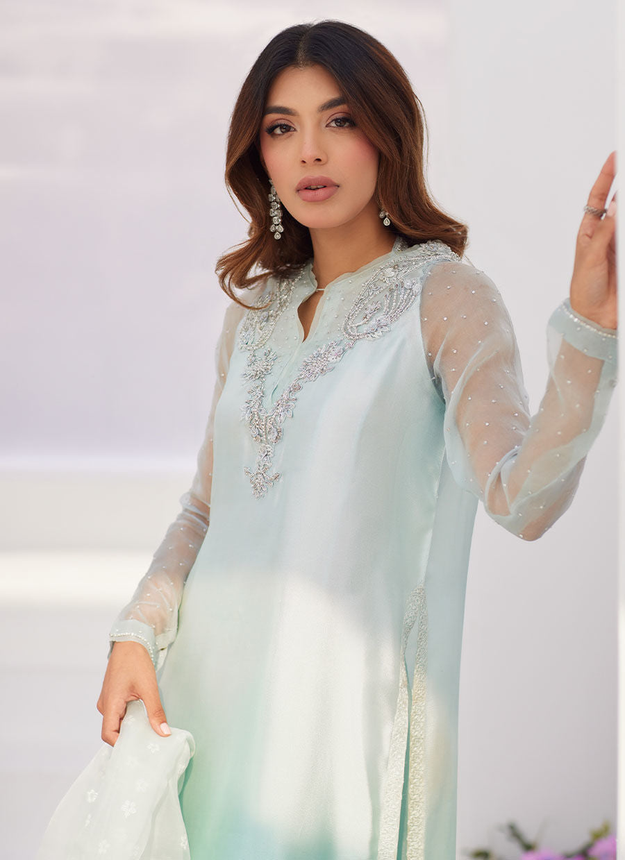 Farah Talib Aziz | Zaza Luxe Pret 24 | SOLENE AQUA OMBRE EMBELLISHED COLUMN SHIRT WITH EMBROIDERED KALIDAAR SLIP - House Of Anaya