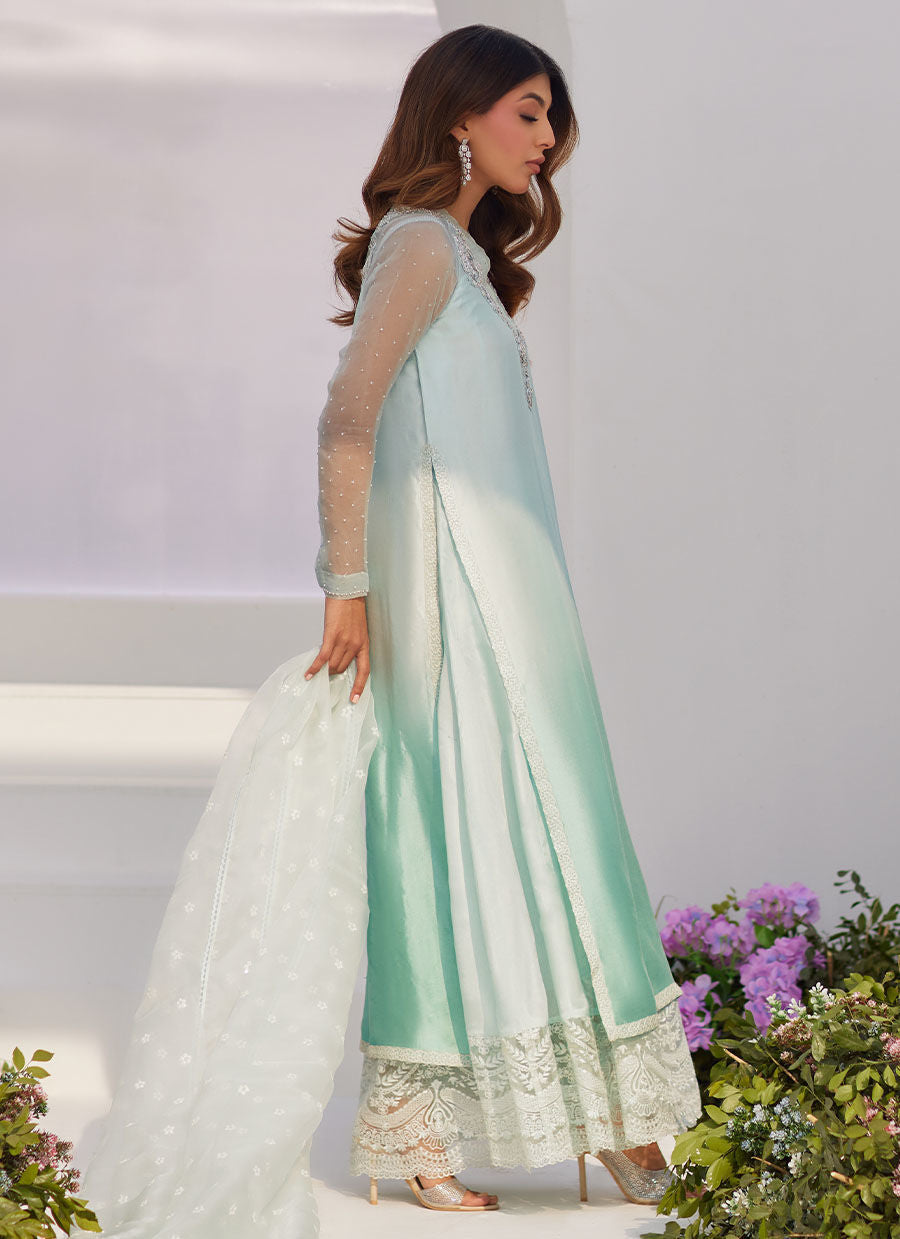 Farah Talib Aziz | Zaza Luxe Pret 24 | SOLENE AQUA OMBRE EMBELLISHED COLUMN SHIRT WITH EMBROIDERED KALIDAAR SLIP - House Of Anaya