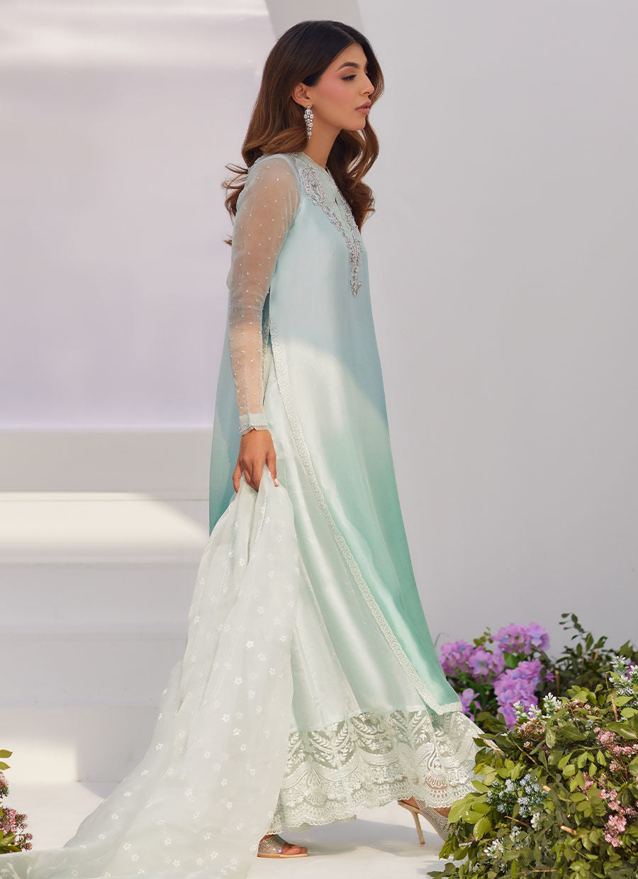Farah Talib Aziz | Zaza Luxe Pret 24 | SOLENE AQUA OMBRE EMBELLISHED COLUMN SHIRT WITH EMBROIDERED KALIDAAR SLIP - House Of Anaya