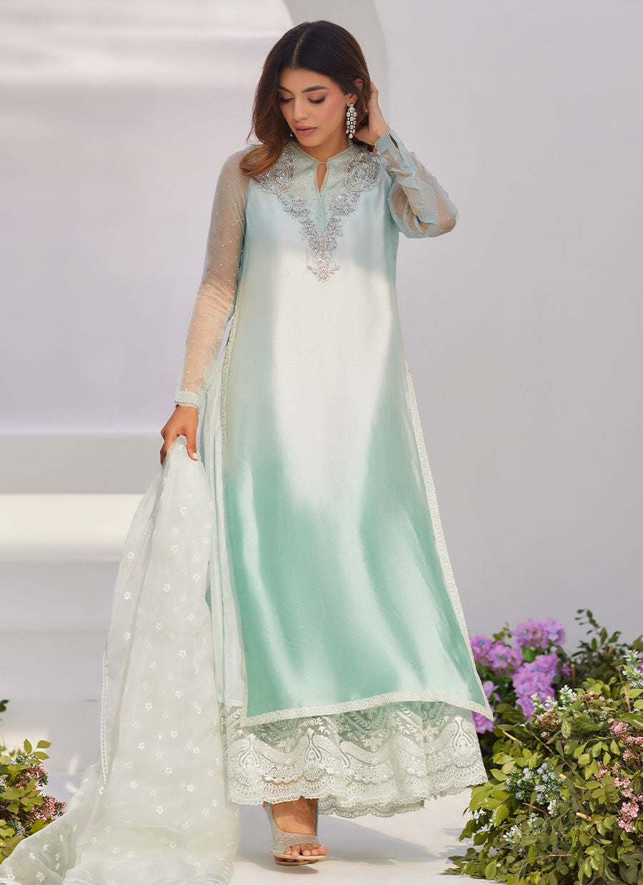 Farah Talib Aziz | Zaza Luxe Pret 24 | SOLENE AQUA OMBRE EMBELLISHED COLUMN SHIRT WITH EMBROIDERED KALIDAAR SLIP - House Of Anaya