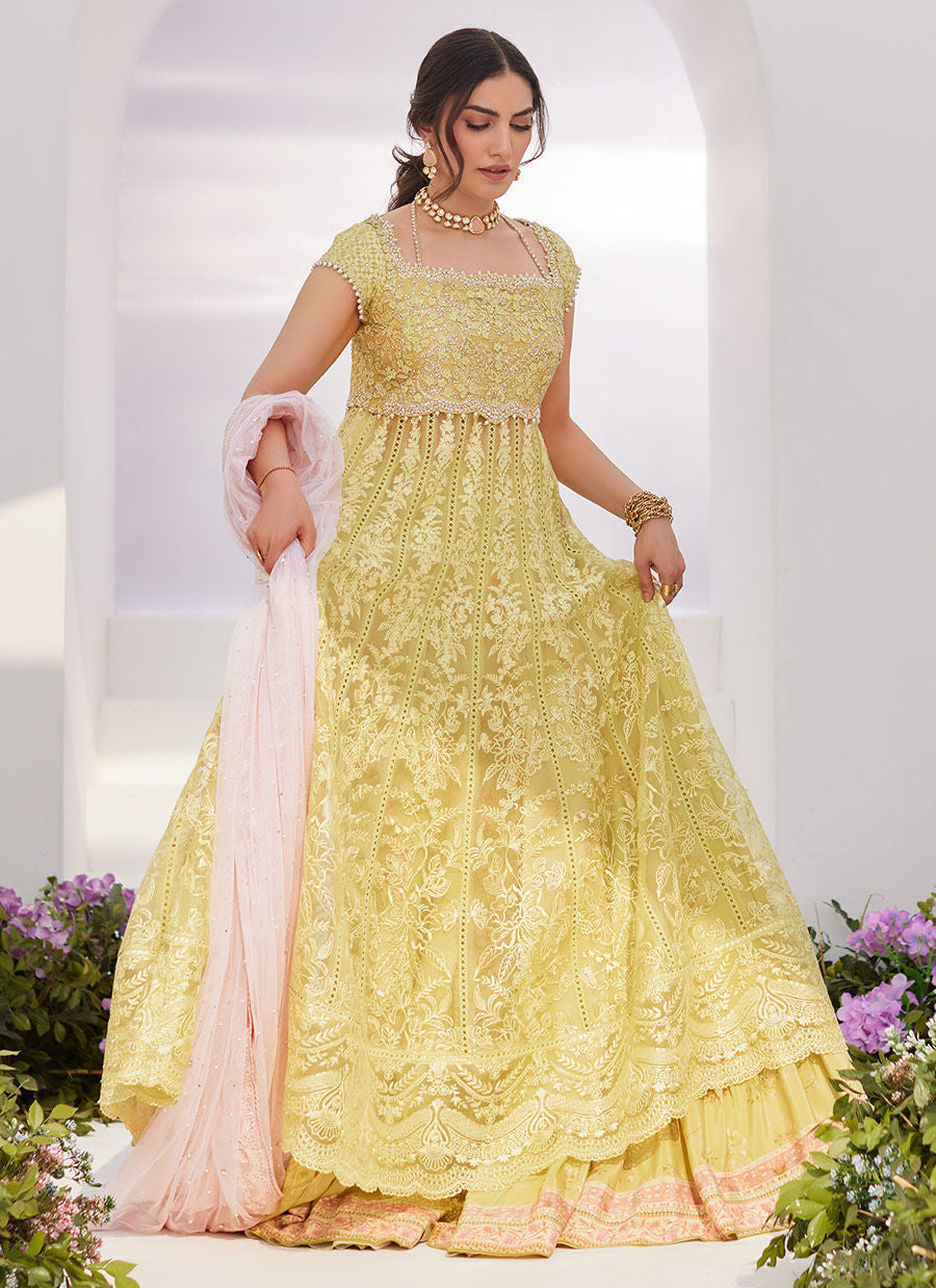 Farah Talib Aziz | Zaza Luxe Pret 24 | REINE KIWI EMBROIDERED EMBELLISHED KALIDAAR - House Of Anaya