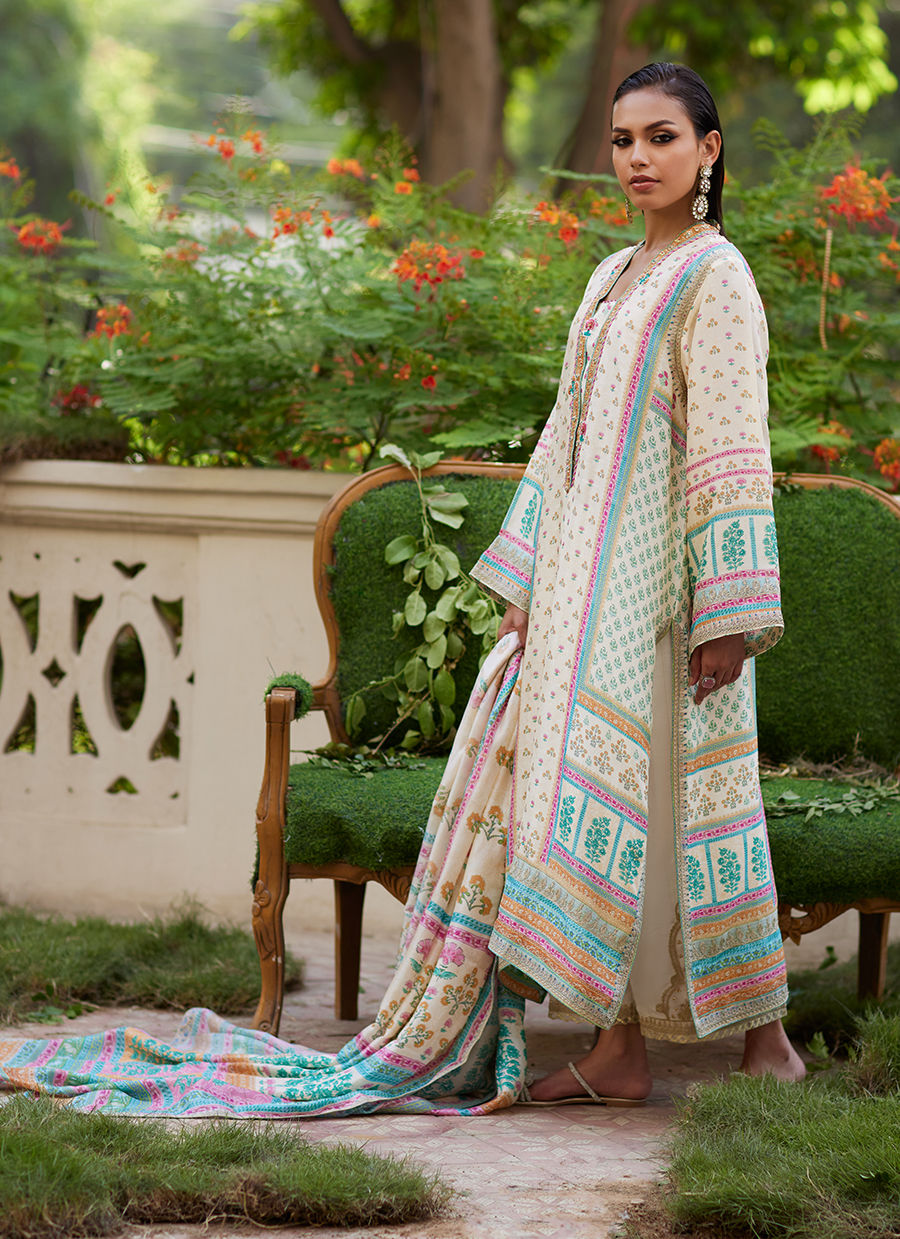 Farah Talib Aziz | Mayna Festive Prints 24 | Nural Ivory Kurta And Dupatta
