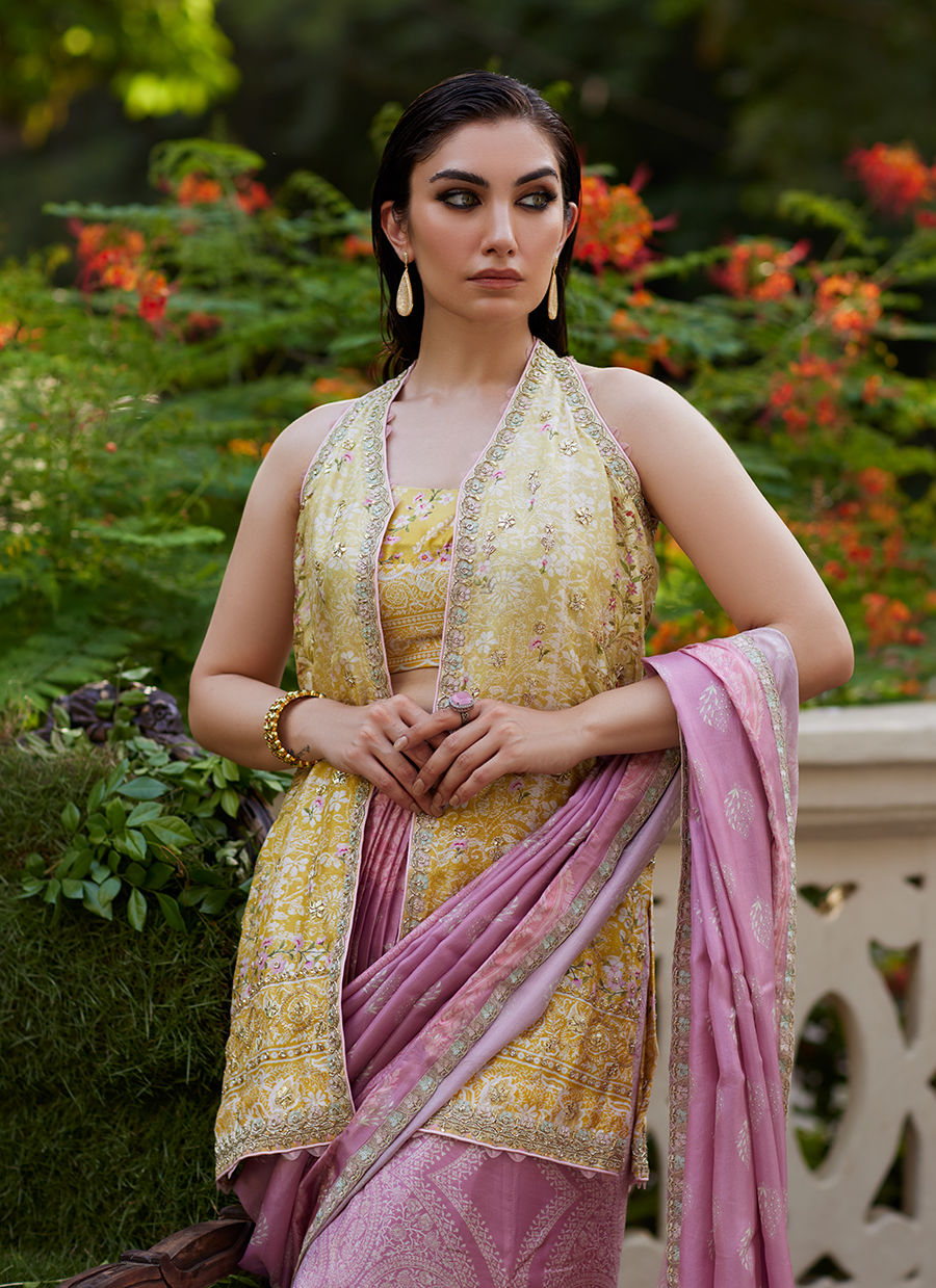 Farah Talib Aziz | Mayna Festive Prints 24 | Iqala Saree, Blouse And Jacket