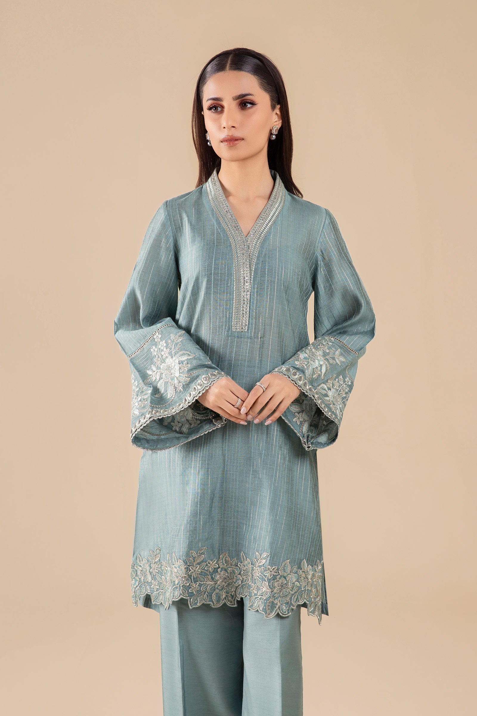 Maria B | Basics RTW | 3 Pc Embroidered Two Tone Lurex Silk Suit | MB-FS25-28