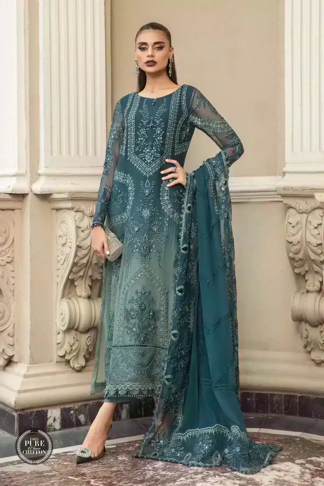 Maria B | Luxury Chiffon Collection | Teal Blue - House Of Anaya