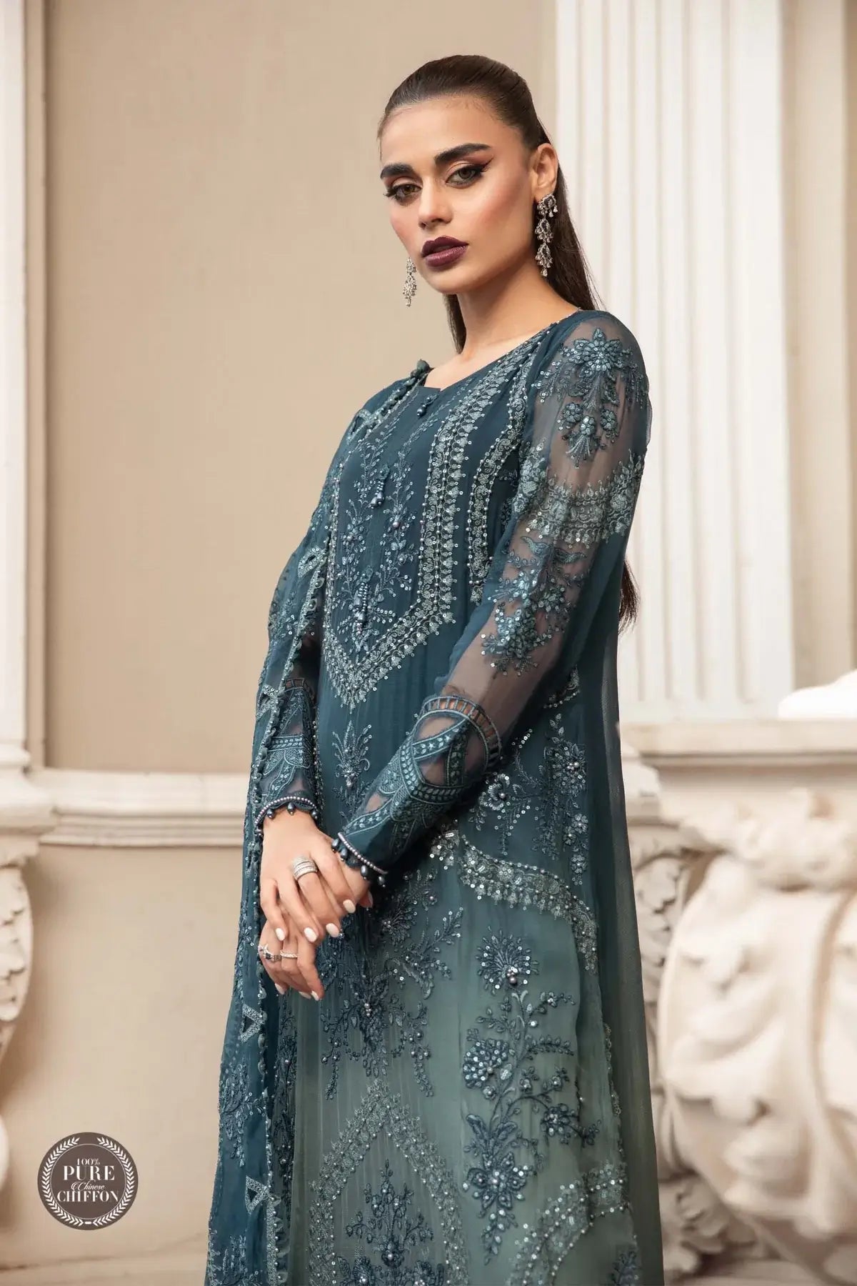 Maria B | Luxury Chiffon Collection | Teal Blue - House Of Anaya