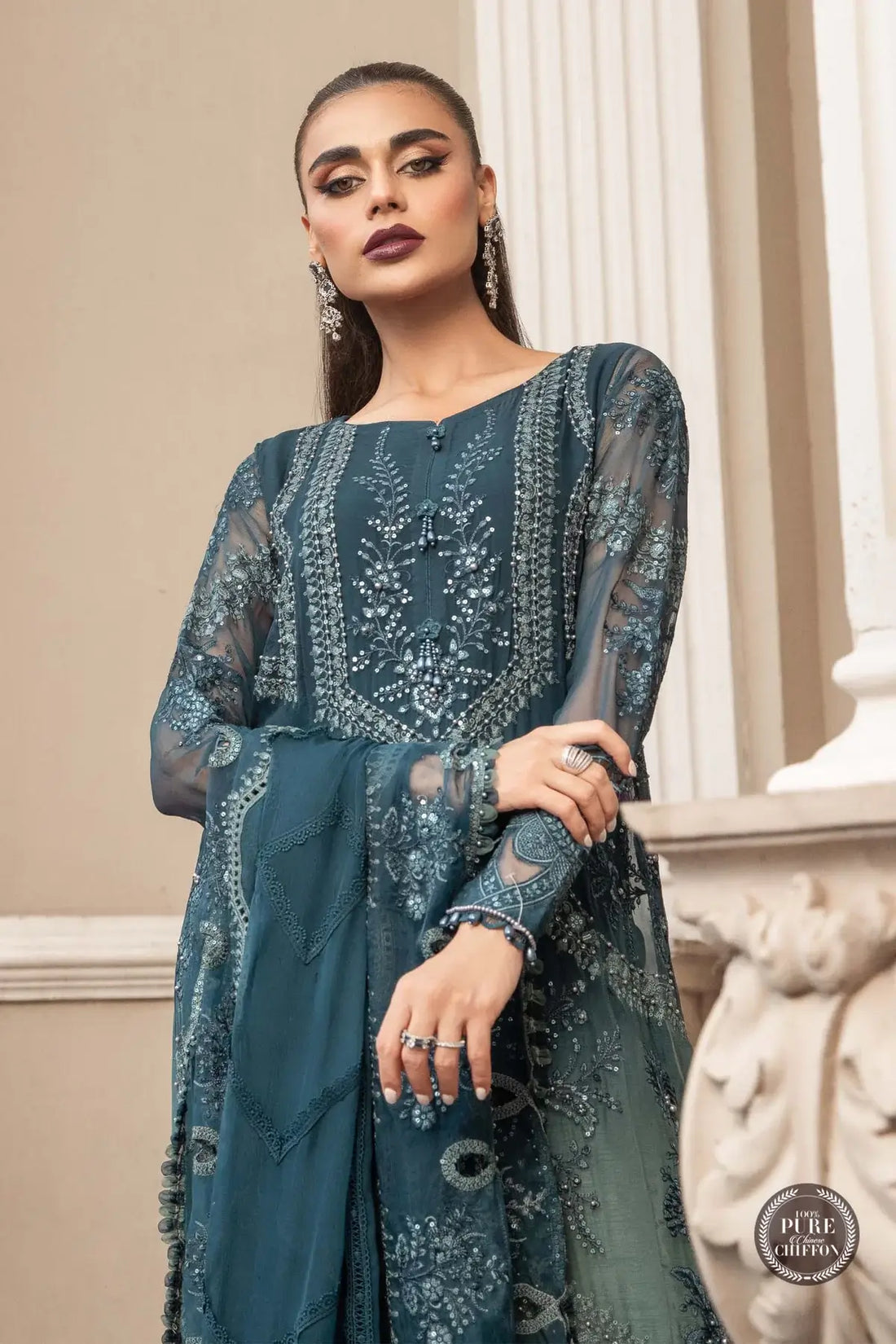 Maria B | Luxury Chiffon Collection | Teal Blue - House Of Anaya