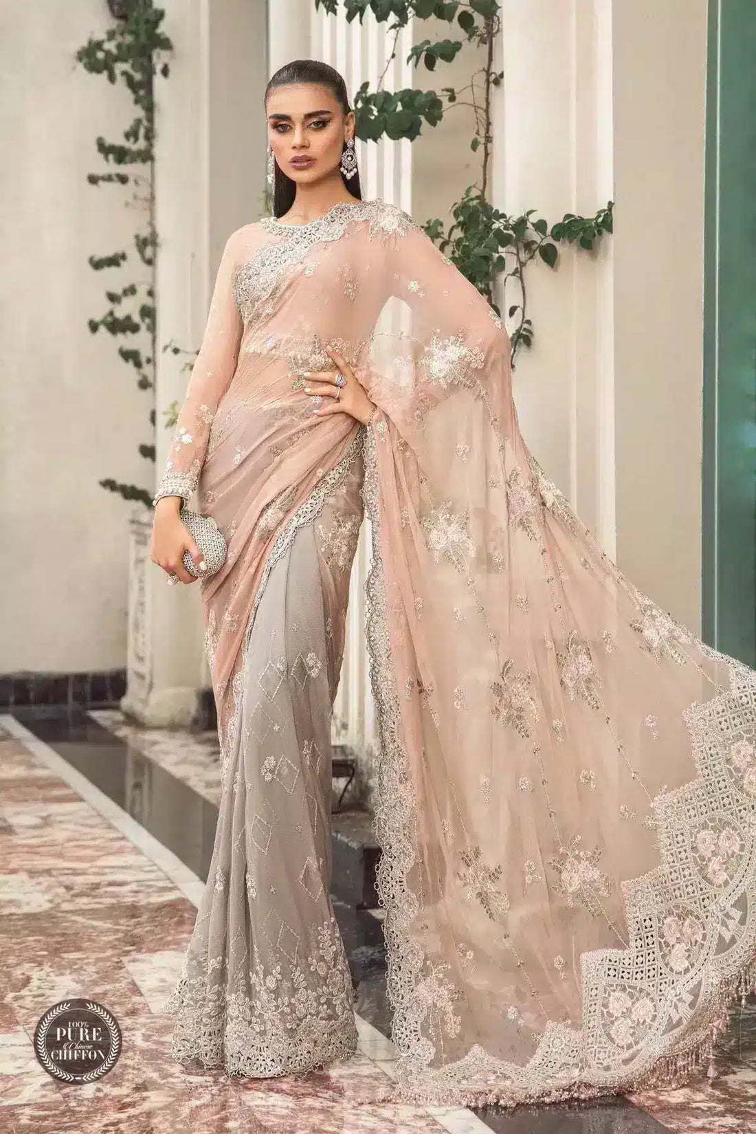 Maria B | Luxury Chiffon Collection | Peach And Black - House Of Anaya