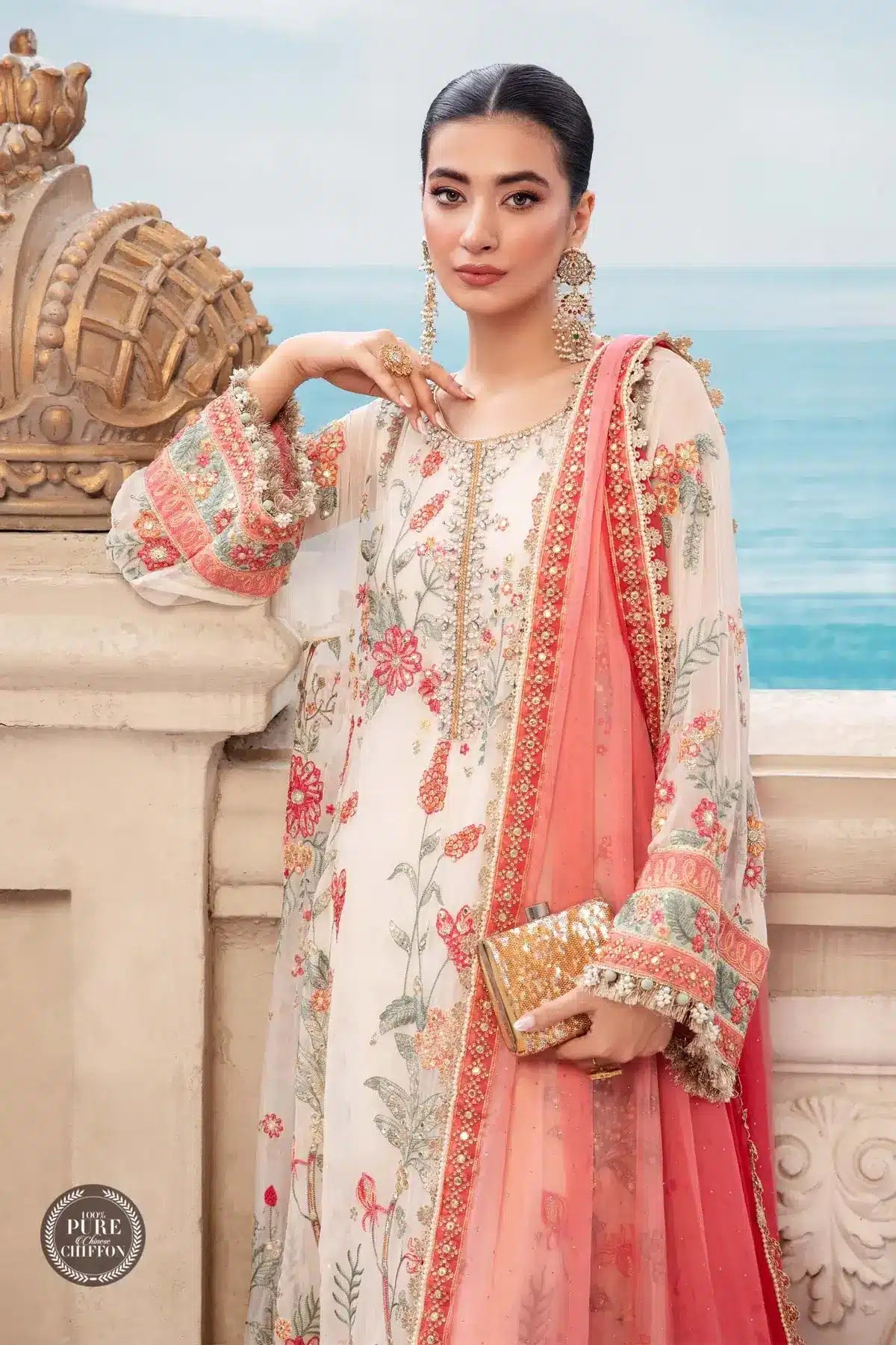 Maria B | Luxury Chiffon Collection | Cloud White Floral - House Of Anaya