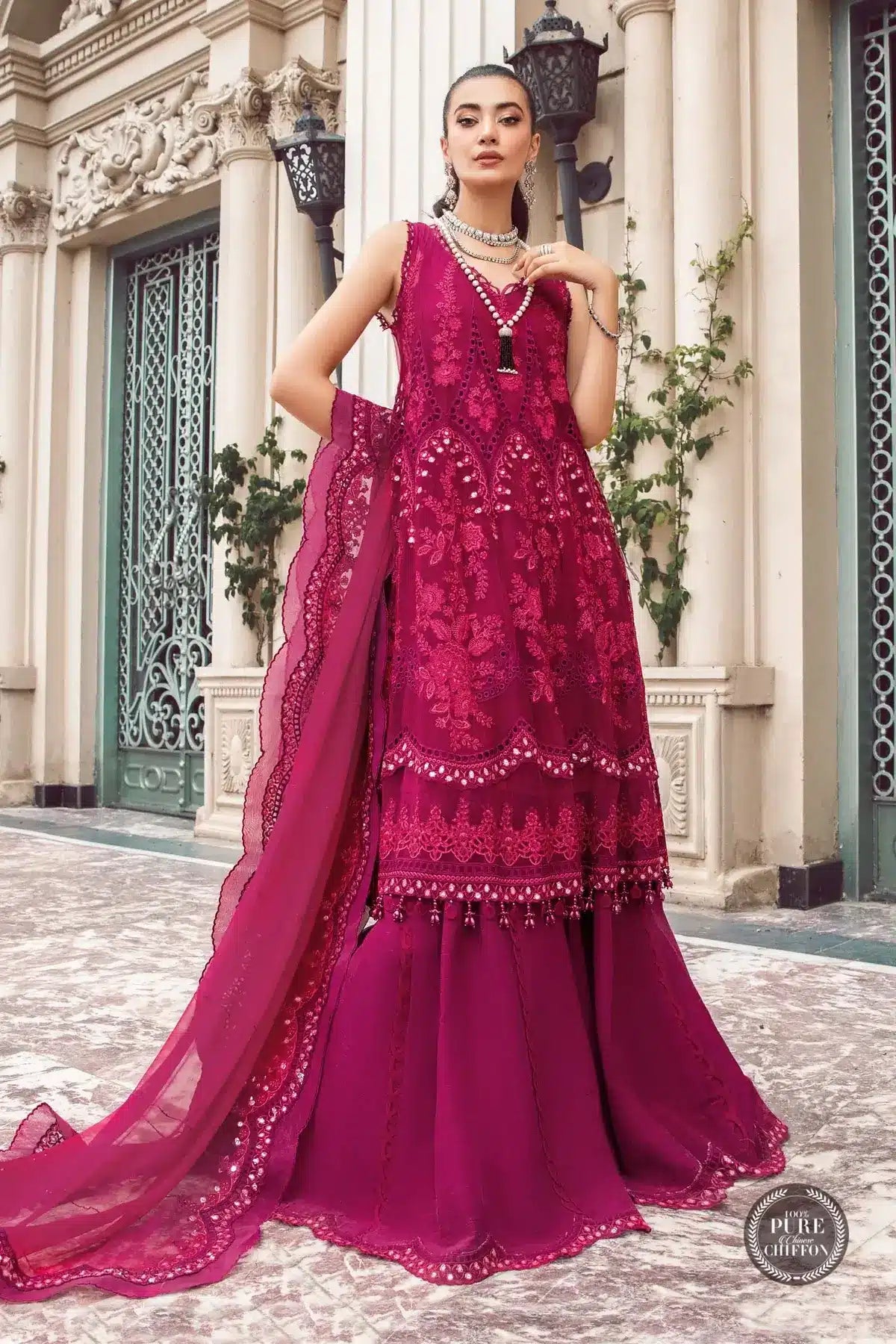 Maria B | Luxury Chiffon Collection | Magenta Pink - House Of Anaya