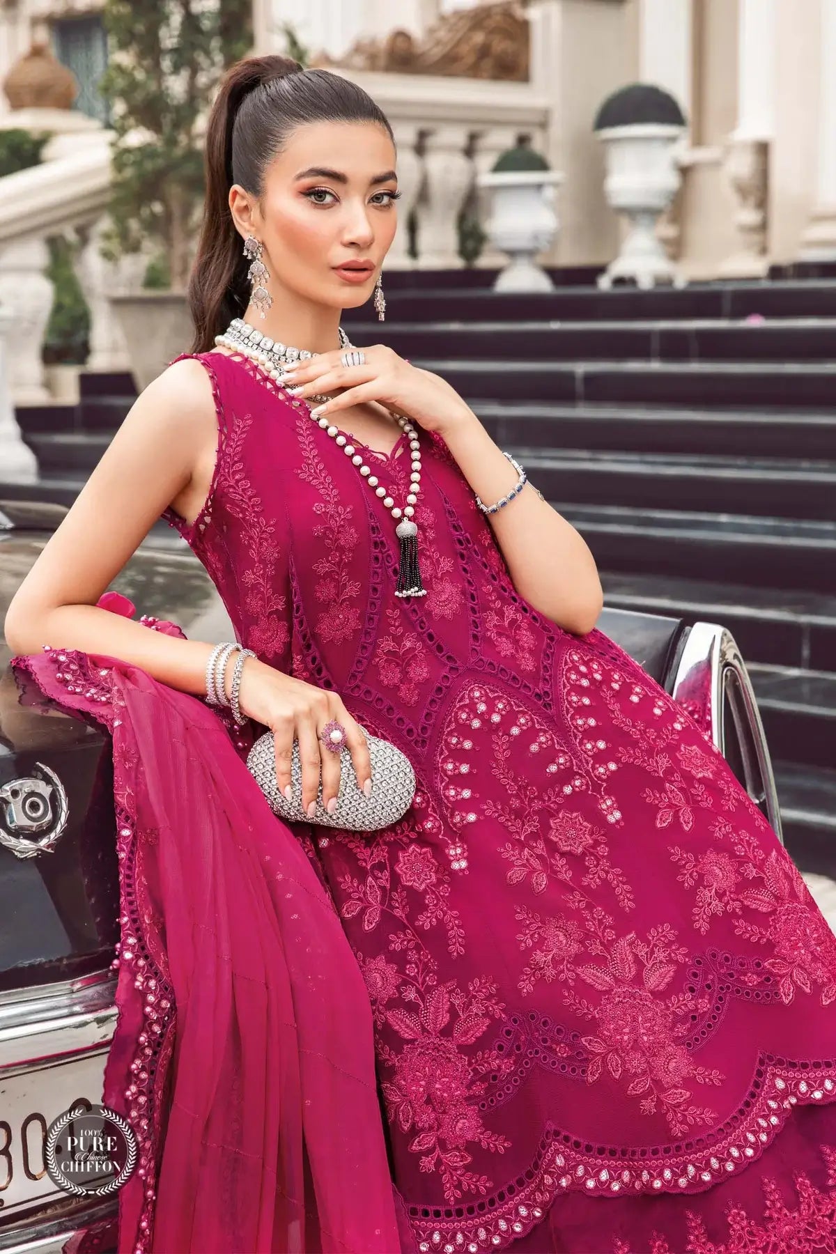 Maria B | Luxury Chiffon Collection | Magenta Pink - House Of Anaya