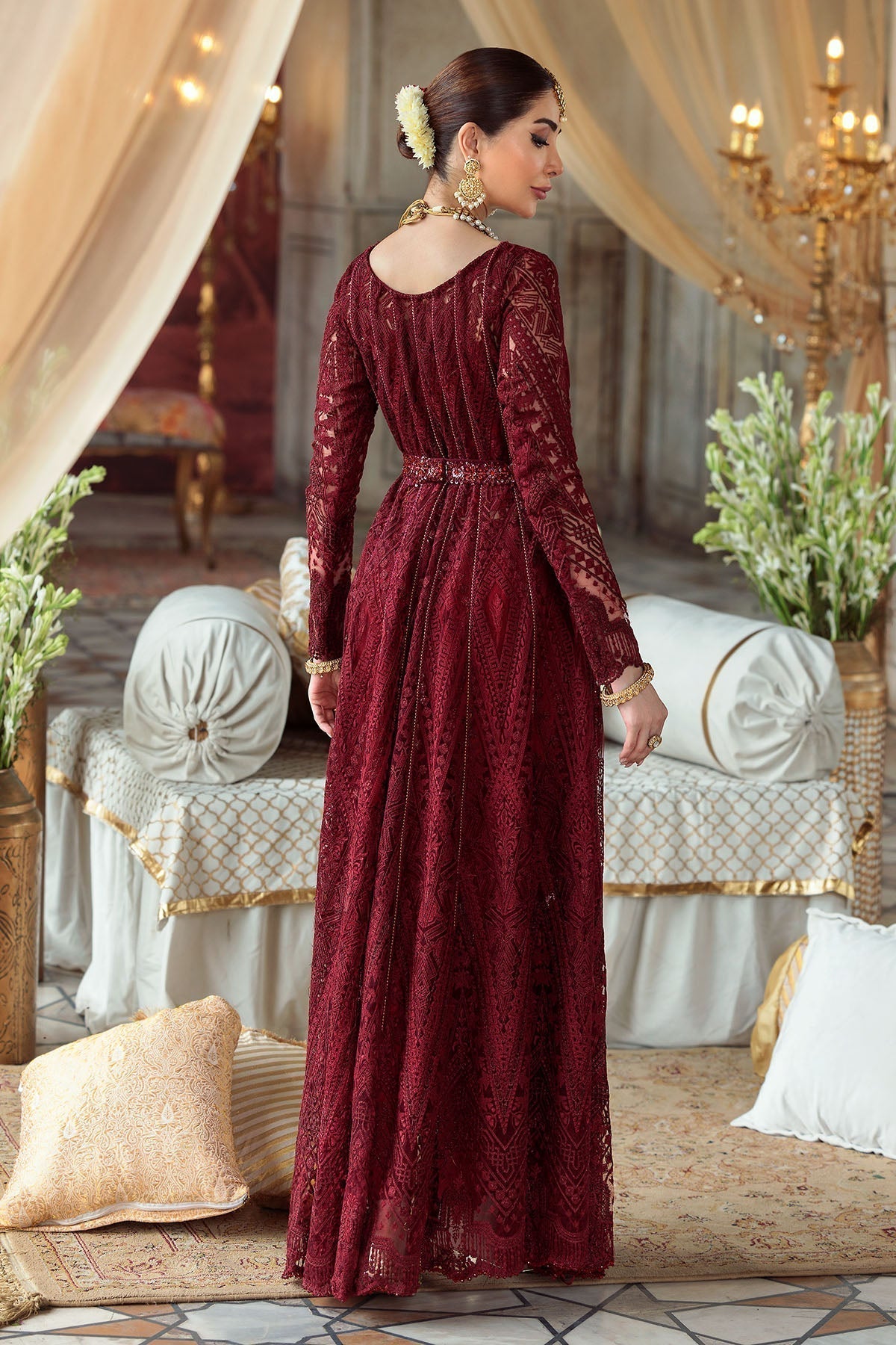 Motifz-2776-MAROON EMBROIDERED SILK NET FABRIC - Riwayat-e-khas