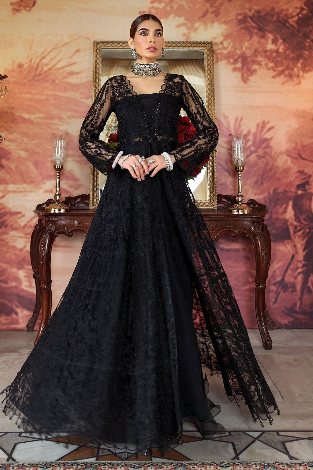 Motifz-2777-BLACK EMBROIDERED SILK NET FABRIC - Riwayat-e-khas