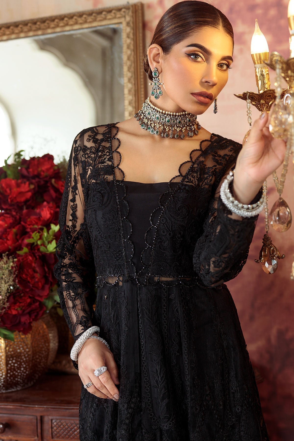 Motifz-2777-BLACK EMBROIDERED SILK NET FABRIC - Riwayat-e-khas