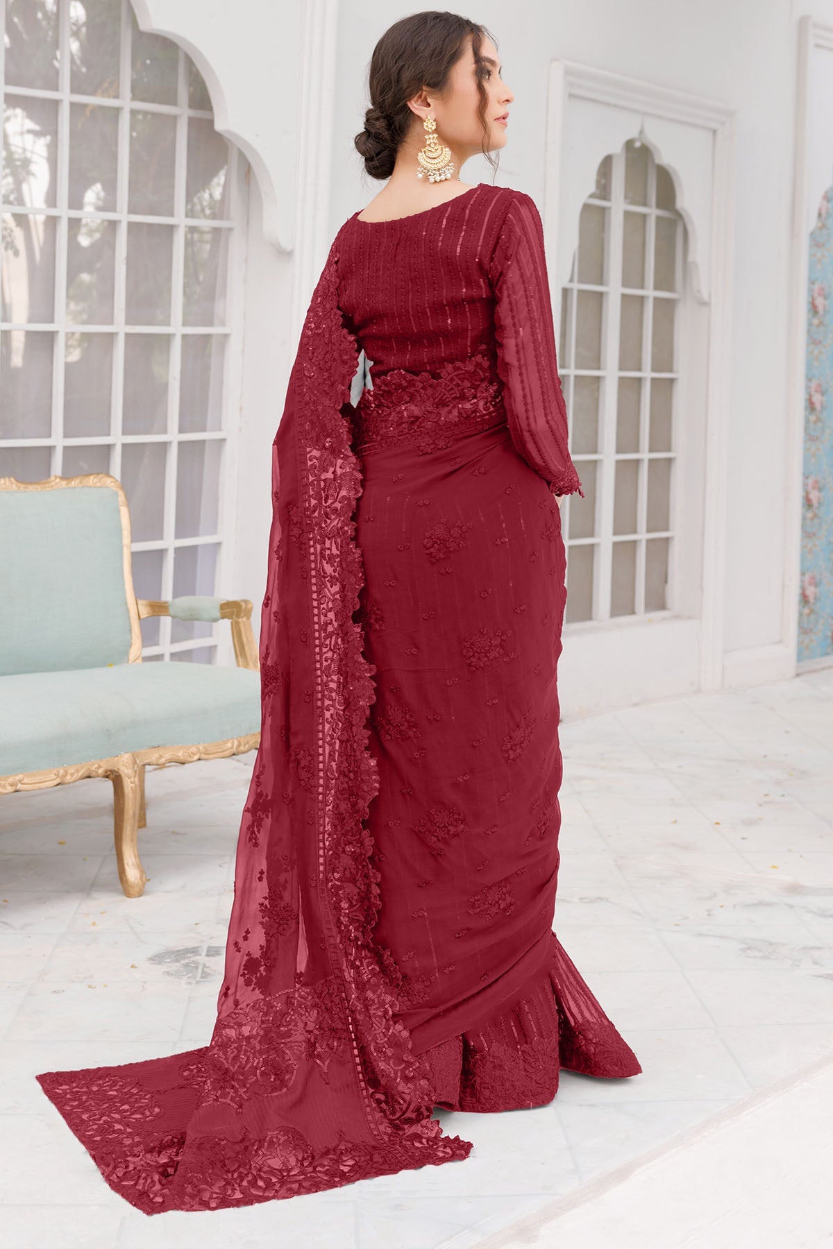 Motifz-4037-RED EMBROIDERED BEMBERG CHIFFON - Riwayat-e-khas