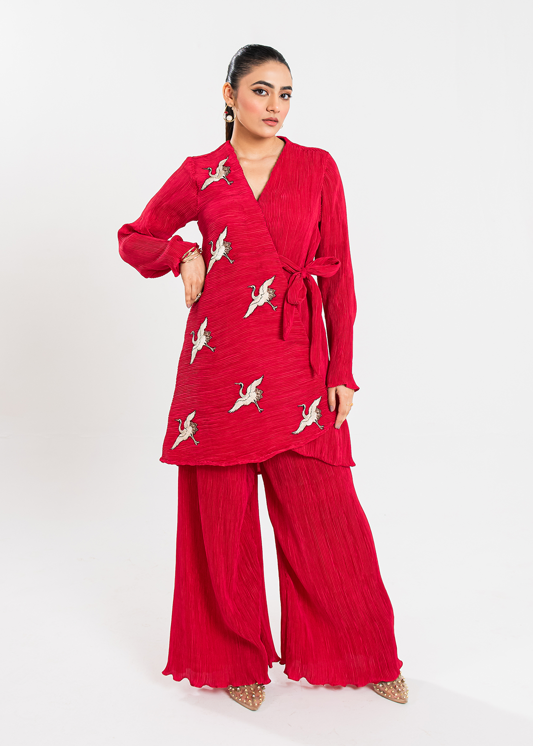 Maria Osama Khan | Claire Pleated Silk | Scarlet - House Of Anaya