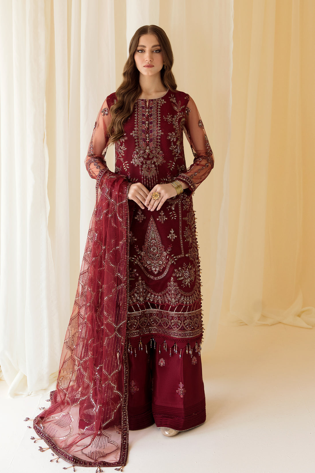 Alizeh | Formals Collection | Embroidered Net Maroon - V14D08 - Raya - House Of Anaya