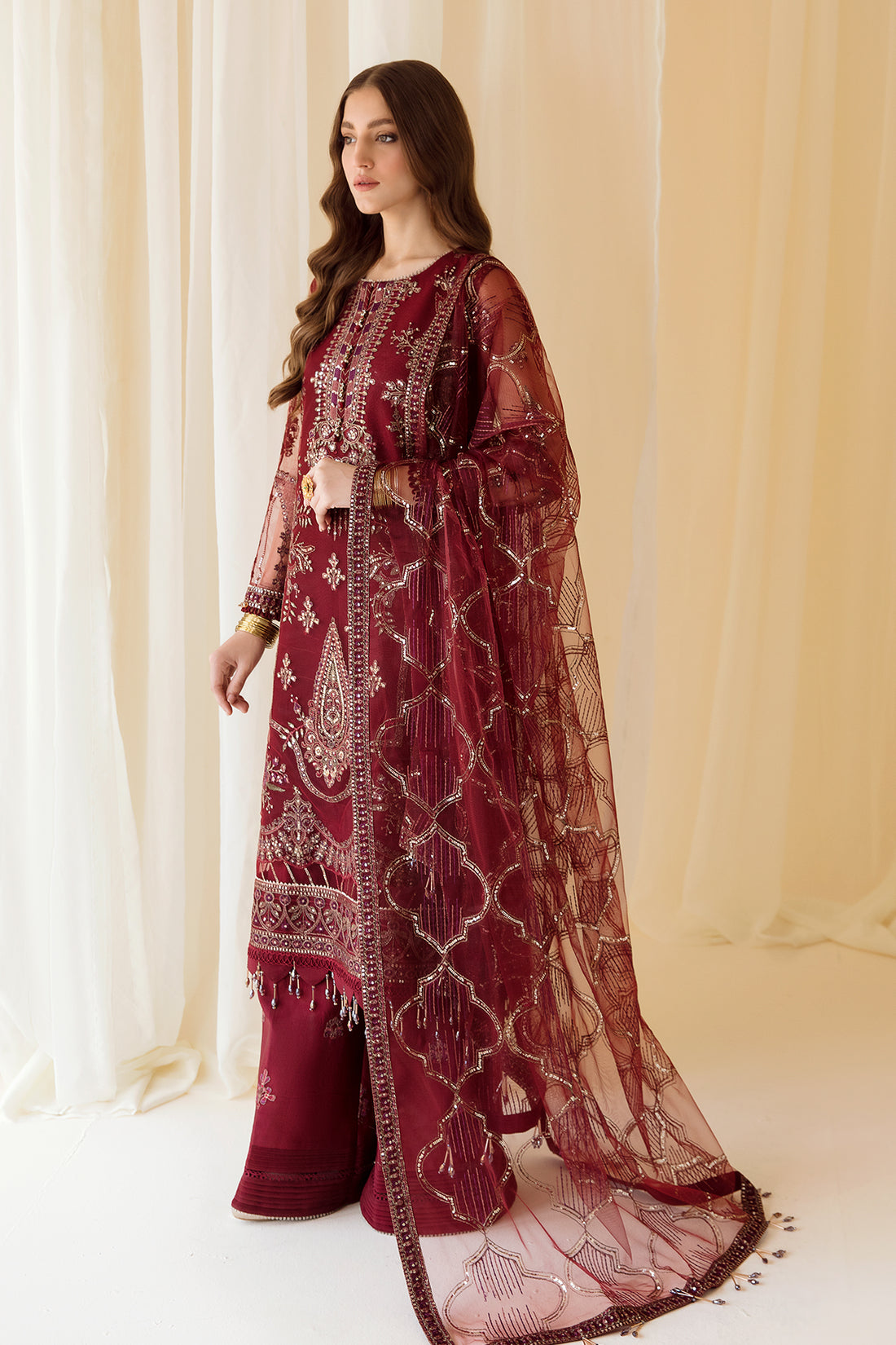 Alizeh | Formals Collection | Embroidered Net Maroon - V14D08 - Raya - House Of Anaya