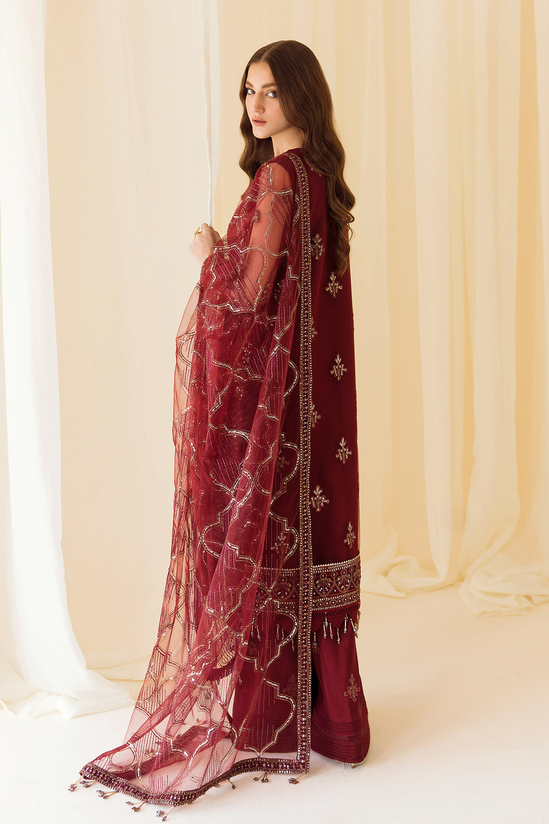 Alizeh | Formals Collection | Embroidered Net Maroon - V14D08 - Raya - House Of Anaya