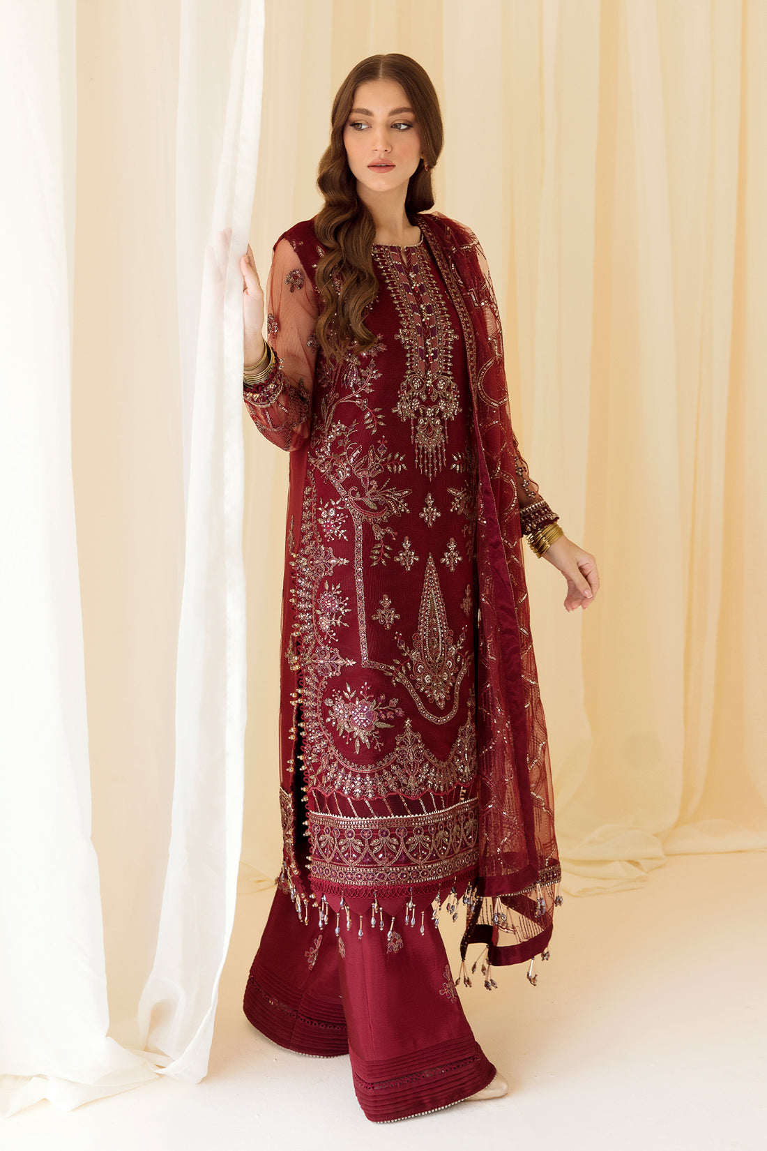 Alizeh | Formals Collection | Embroidered Net Maroon - V14D08 - Raya - House Of Anaya